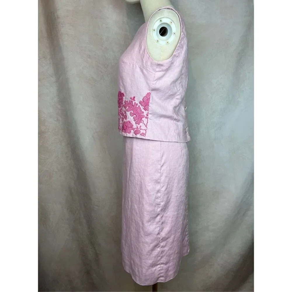 Vintage 1960s Linen Skirt Set Baby Pink Embroidered Susan Thomas Size Small/MD